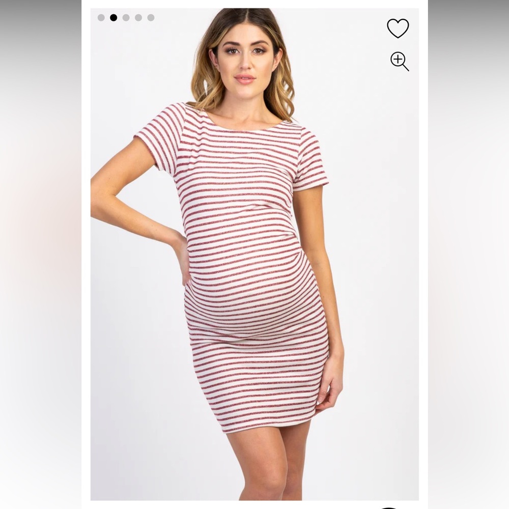 PinkBlush Burgundy Striped Fitted Short Sleeve Maternity Dress